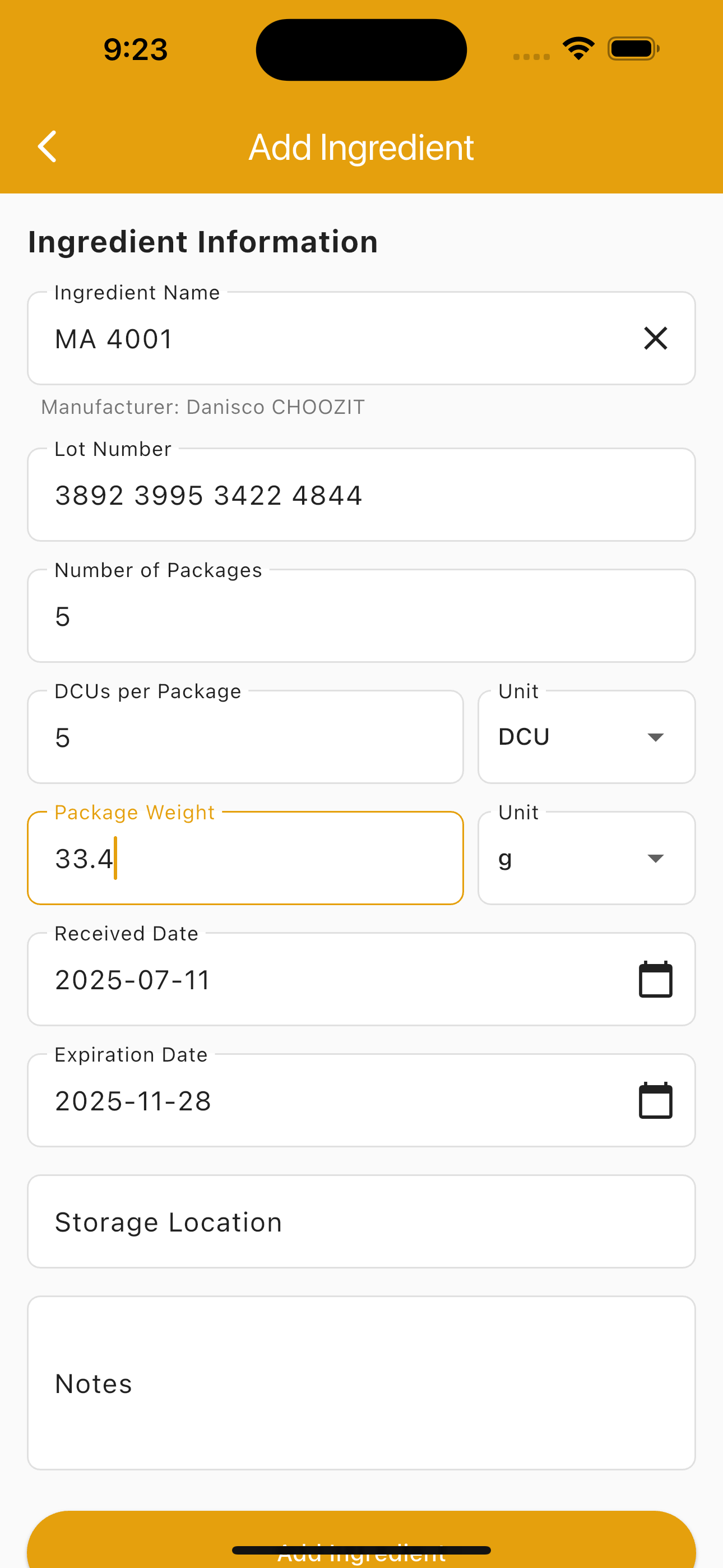 Add Ingredient Interface